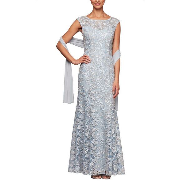 Alex Evenings Women's Long Sleeveless Dress with Shawl light blue lace size 10 - Picture 1 of 12